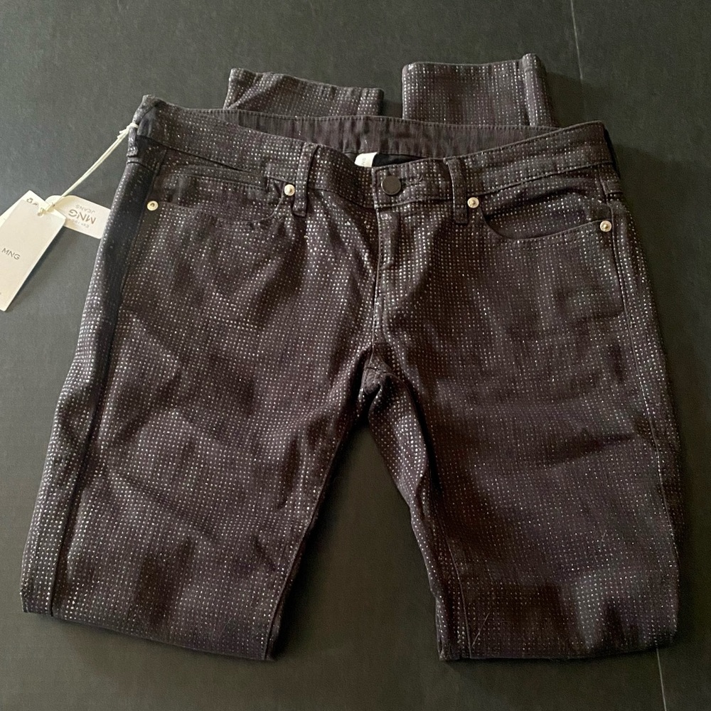 New MANGO black denim jeans with silver glitter dots
